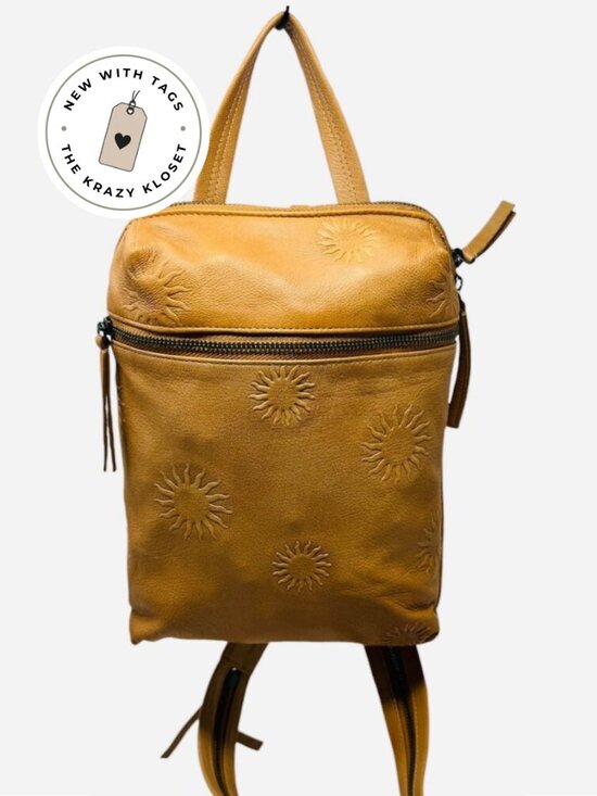 Free People Handbags - NWT Free People Break of Dawn 100% Leather Backpack Cognac Tan Tooled Sun